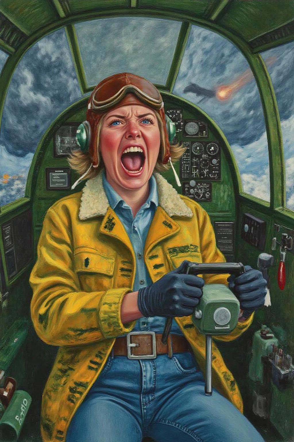 daho1 painting.A female pilot screaming inside the cockpit of a World War II bomber. The pilot,  wearing a vintage leather...