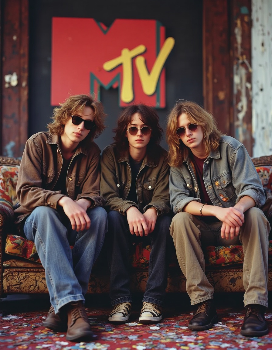 retr0grade90s A slightly blurry photo of a rock band sitting on a couch at MTV studios,  taking a grunge band photo. They...