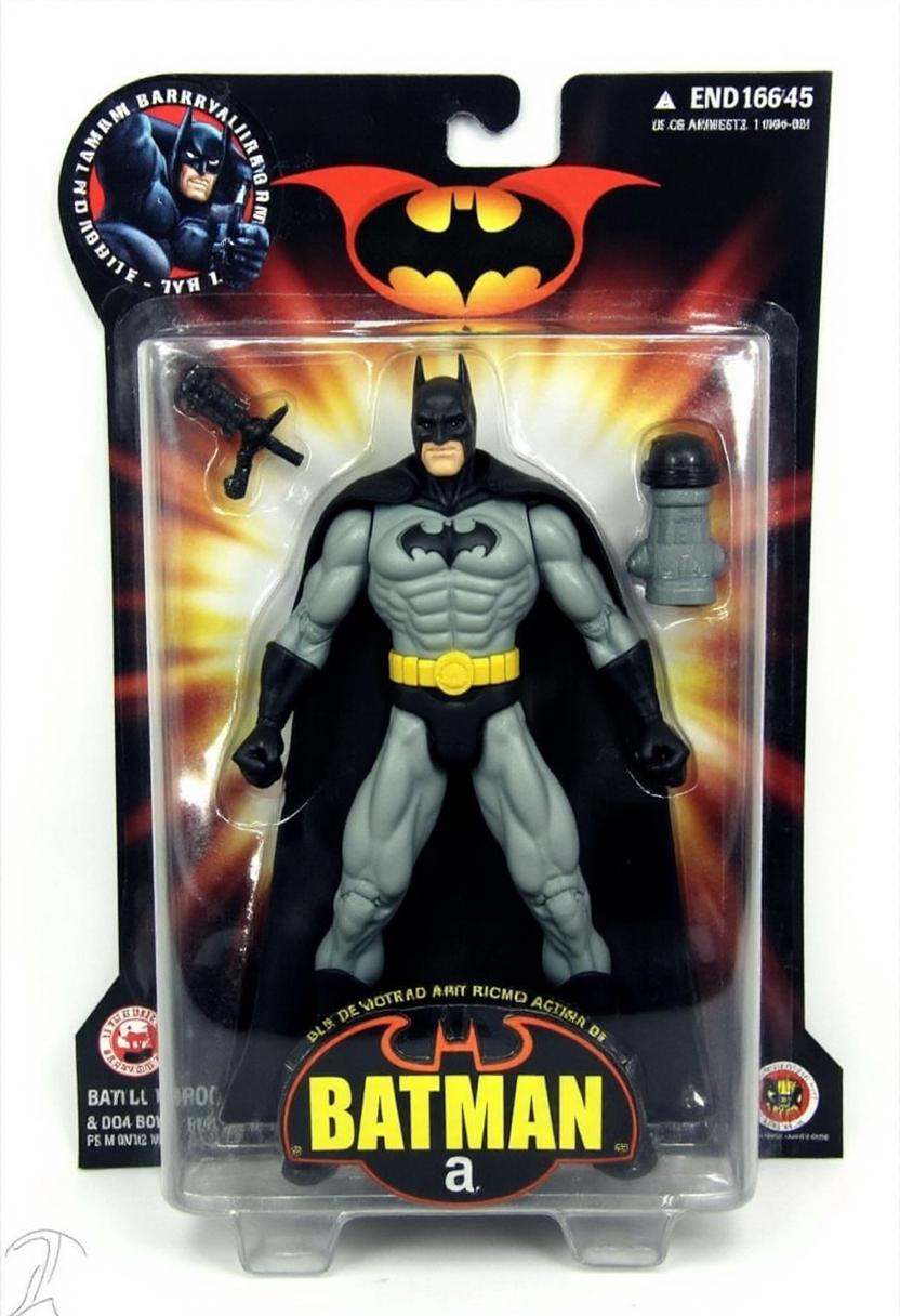 The image is a photograph of a packaged action figure of Batman. on Tensor.Art