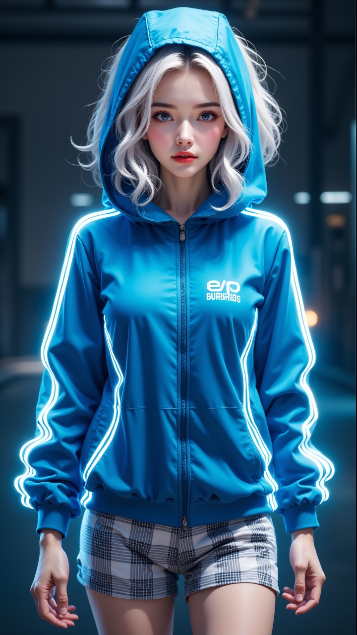 masterpiece,best quality,high quality,a portrait of a young woman with serene expression and delicate facial features. She has white curly hair,break,wearing a blue hood,break,wearing a blue sleeveless jacket,break,plaid shorts,she has clear and bright skin,looks cool,no expression on her face,she looks at the camera,front view,Cyberpunk,Cyberpunk electronic luminous clothing,full body multi luminous line light strips,full body multi luminous text,1girl,
