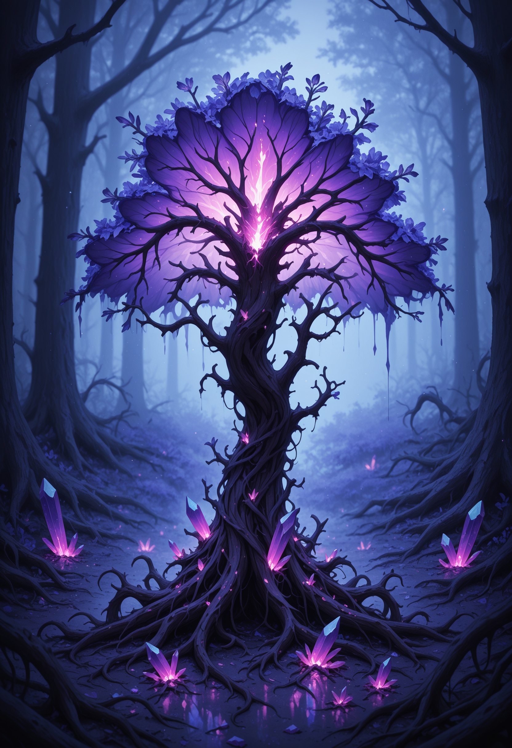 CrystalPl4gu3 gnarled tree trunk splitting into glowing quartz,  roots wrapped in translucent shards,  violet light haze o...