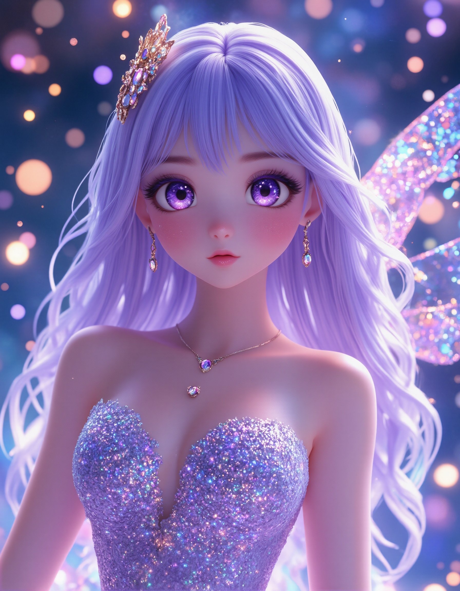 3D anime style,  a breathtaking celestial fairy with flowing iridescent hair that shines in soft pastel hues of purple and...