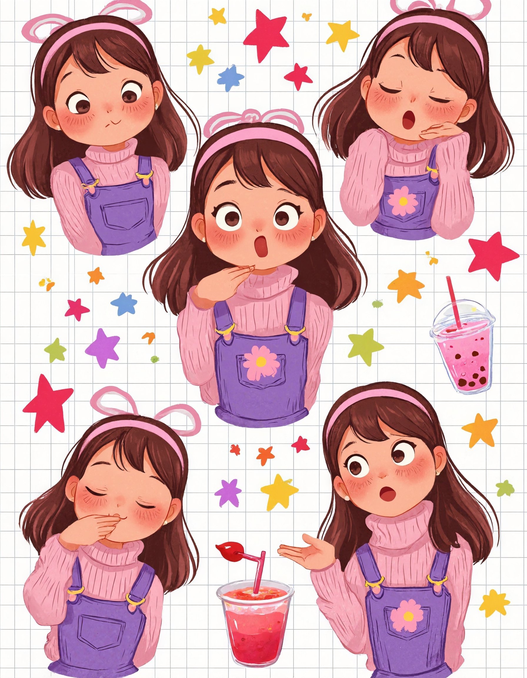 This is a high-quality digital illustration featuring a cute,  chubby girl with medium skin tone and long brown hair,  ado...