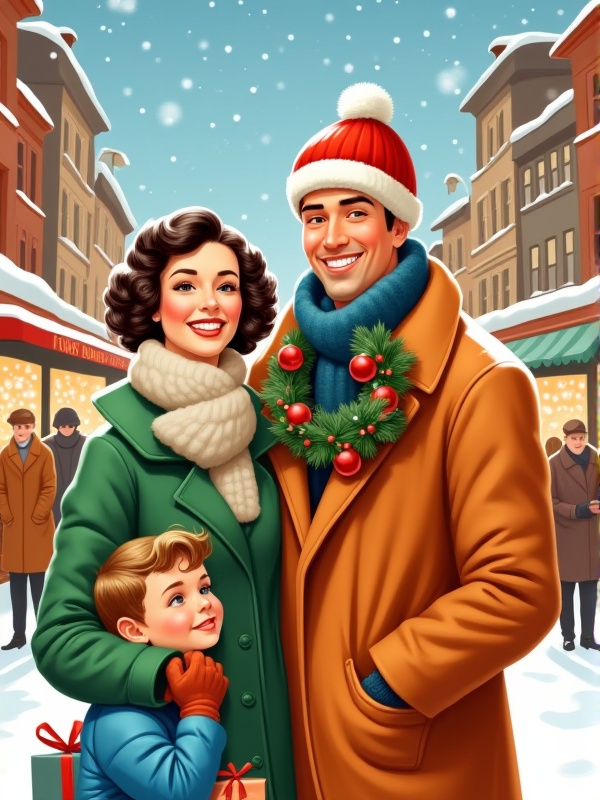 X-1950s,  a vintage-style Christmas illustration of a cheerful couple standing close together on a snowy,  festive street....
