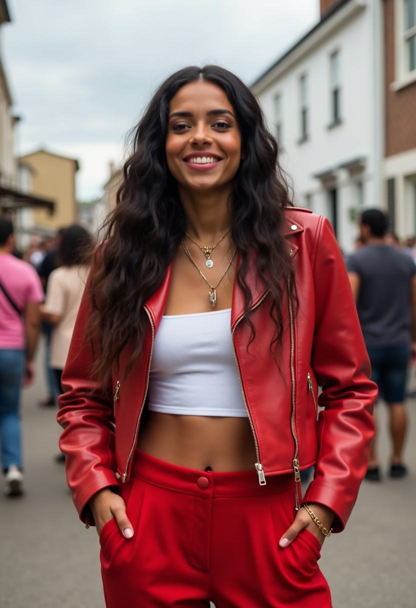 A woman with long raven hair smiles as she stands outside at a neighborhood festival wearing a red leather jacket over a w...
