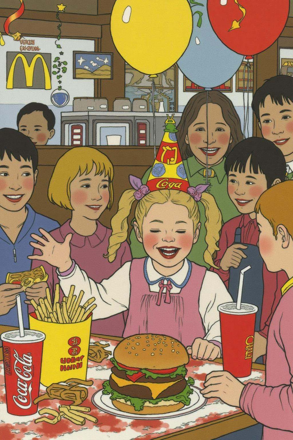 ivanbilibin1 illustration. dulac1 illustration. A four-year-old girl with twin pigtails is celebrating her birthday at McD...