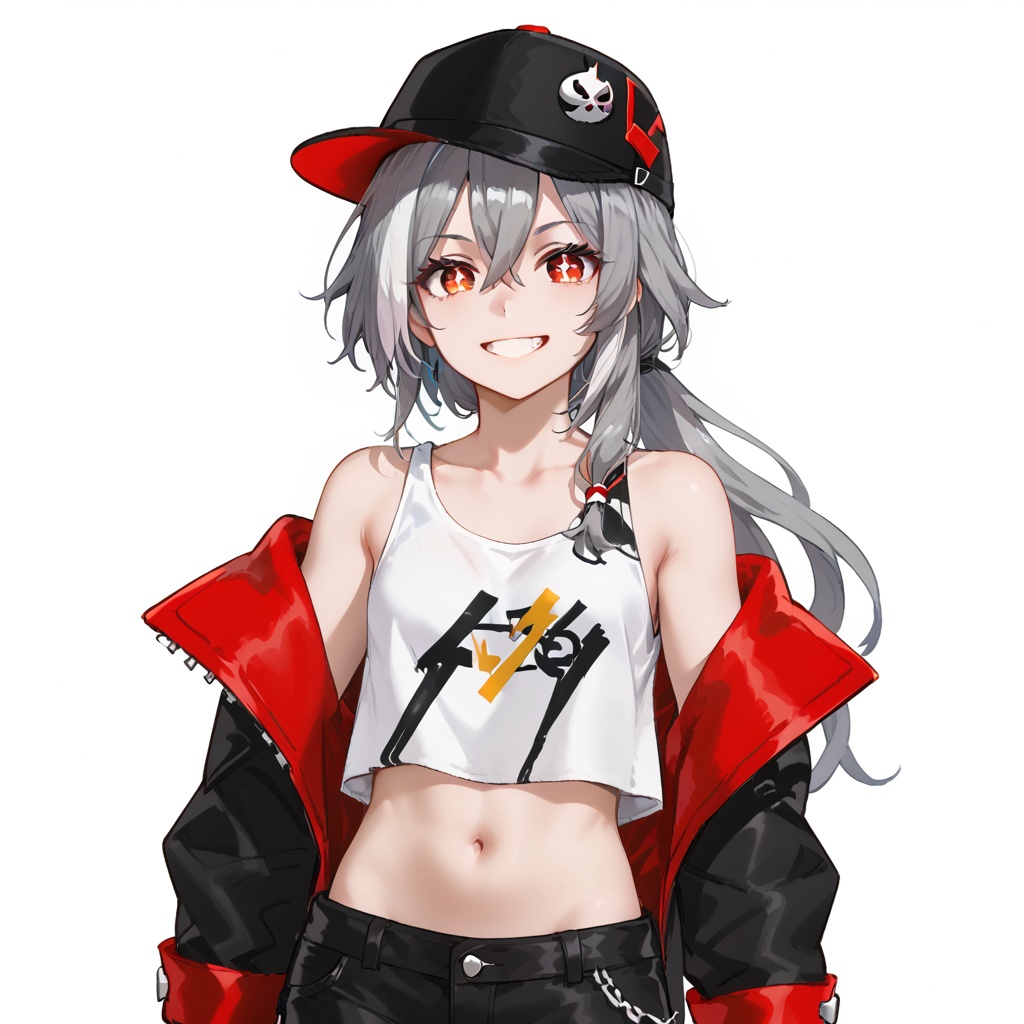 (white background:1.2),looking at viewer,(SOLO:1.4),outline,simple background,upper body, cowboy shot,looking at viewer,(((arms at side))),    senti,fu_hua,long hair,smile, bangs, hair ornament, red eyes,hair between eyes,ponytail, silver hair,white hair,gray hair, multicolored hair, small breasts,streaked hair,,yellow pupils,diamond shaped pupils,thighs,open jacket,boots,black shorts,black footwear,sleeveless shirt,shorts,shirt,off shoulder,black headwear,navel,jacket,hat,grin,eyebrows visible through hair,bangs,:d,<lora:senti-huaban-pony:0.8>