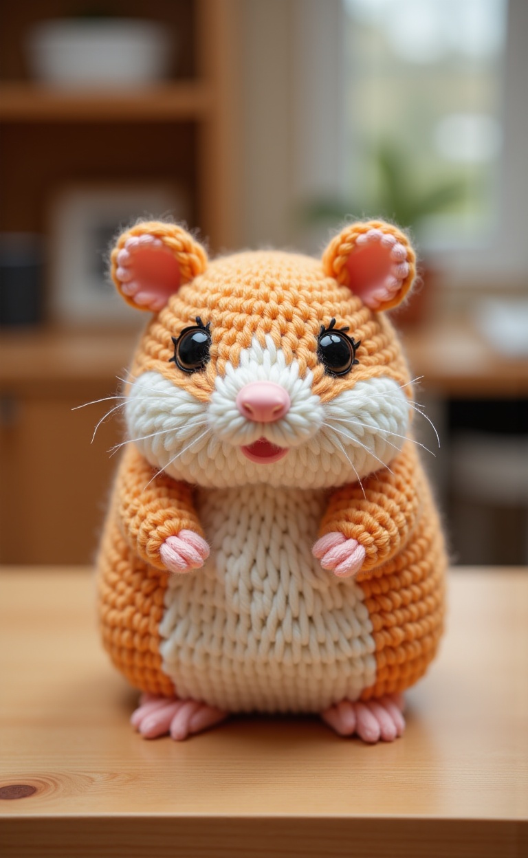 miluo_maoxian, A knitted hamster sitting on top of a wooden table.<lora:miluo丨画了个毛线v1.6:1>