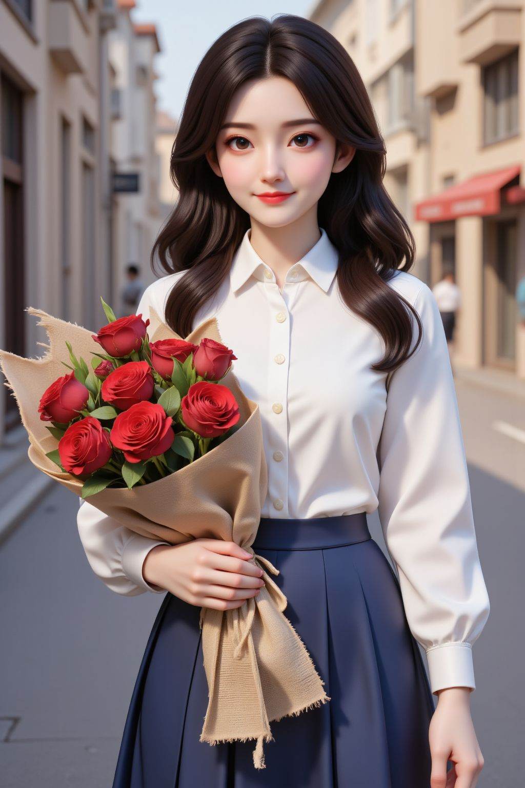A photograph of a woman with fair skin and long wavy black hair. She is wearing a white long-sleeved button-down shirt and...
