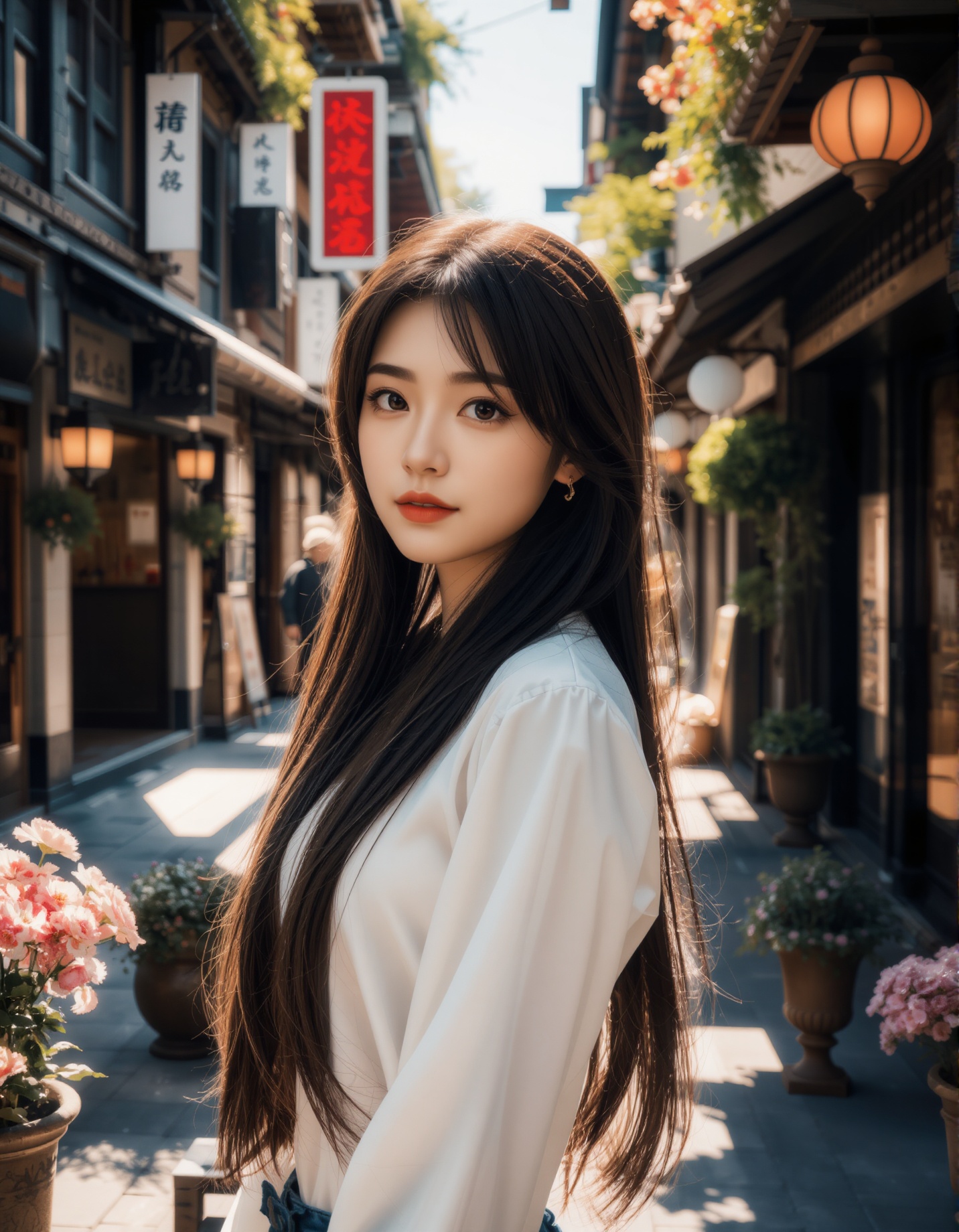 A photograph of an incredibly beautiful 18-year-old girl with long,  stylish gradient brown hair,  standing confidently at...