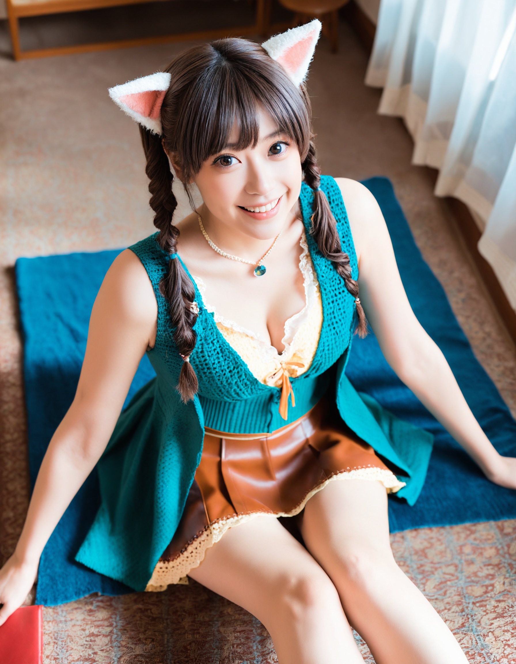 Photo of a Attractive woman with a charming cosplay is dressed in a stylish [[amber|blue:0.3] cropped_shirt and [amber|blu...