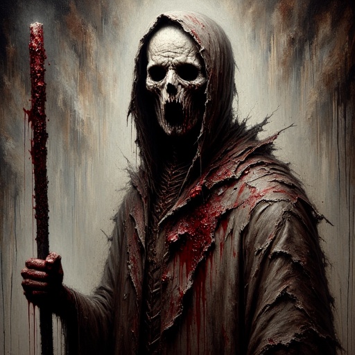 with a disproportionately large,  adds to the ominous mood.,  sunken skull for a head on Tensor.Art