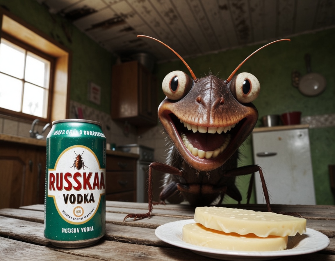Hyper-realistic cinematic scene of a anthropomorphic cockroach with cartoonish features,  at a wooden kitchen table in a s...