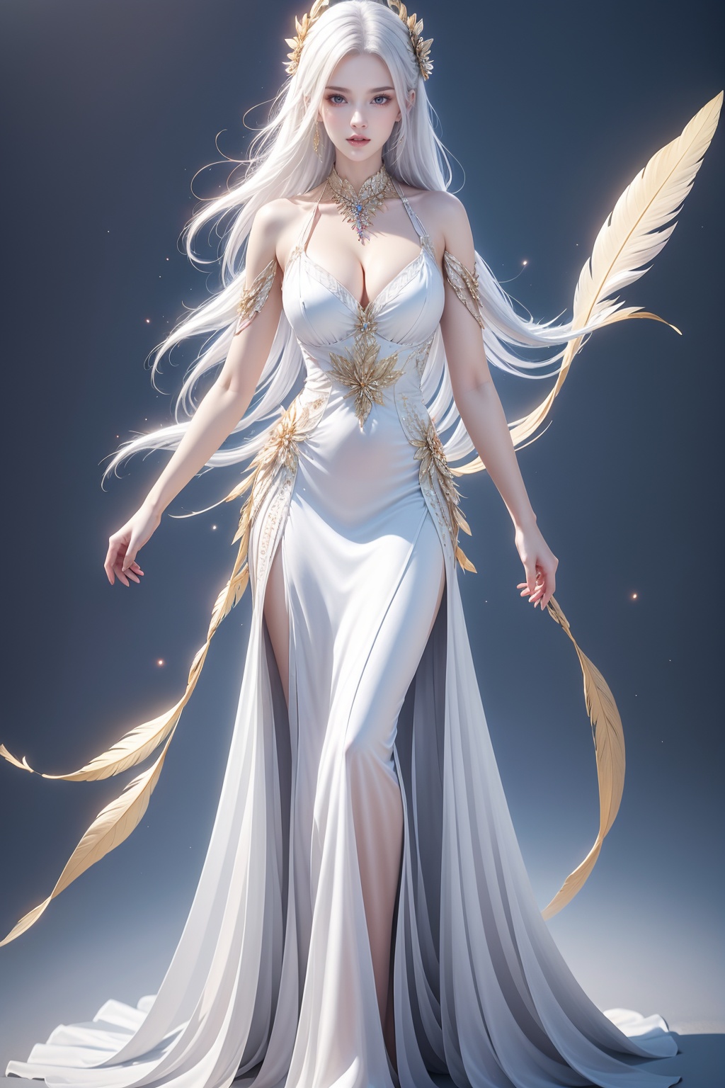 1girl, solo, long hair, jewelry, necklace, breasts, dress, parted lips, looking at viewer, feathers, cleavage, dress, pale skin, white hair, full body, simple background,<lora:AgainHandFix_v1:0.1>