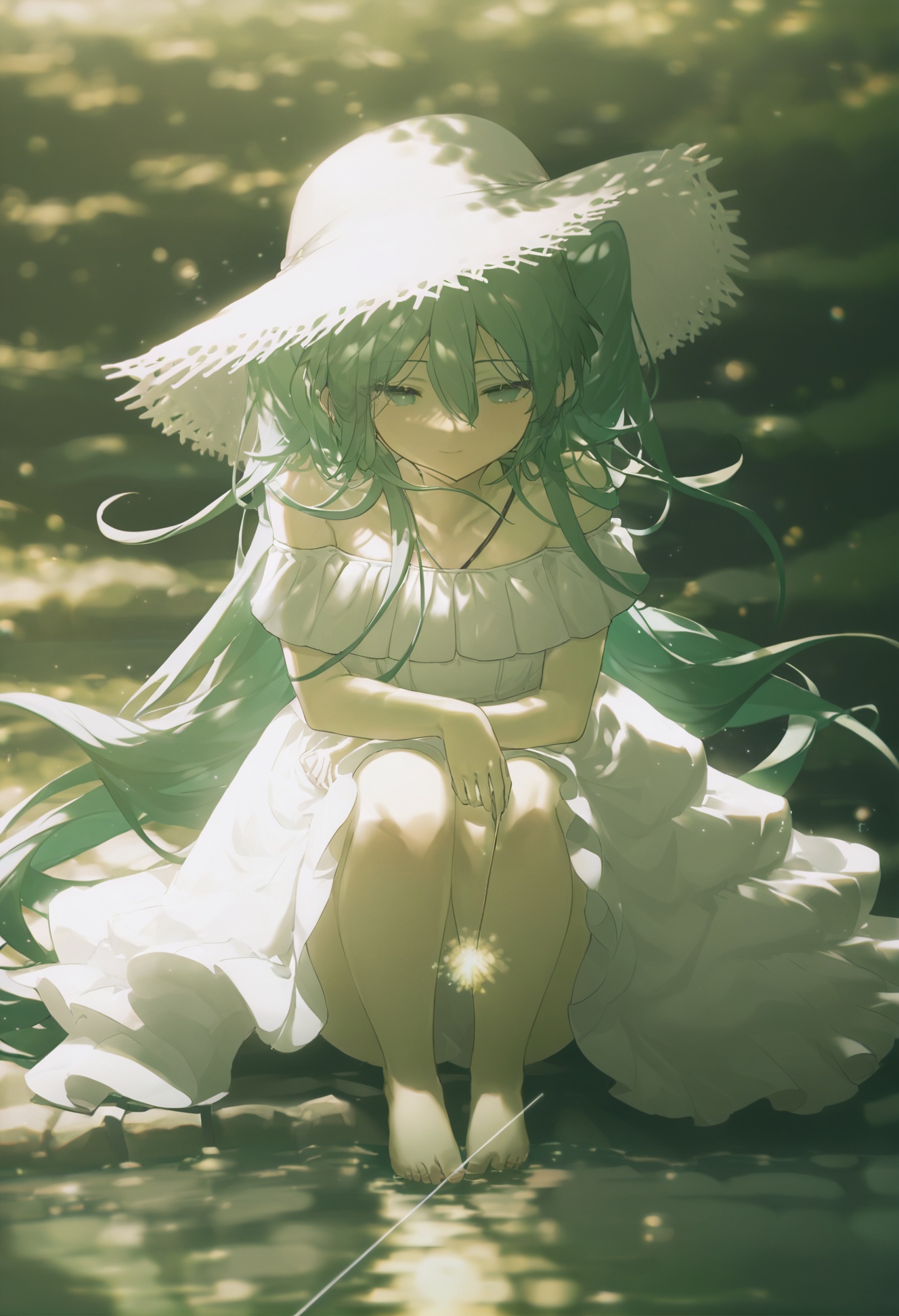 masterpiece,best quality, score_9,score_8,score_7_up,score_6_up,1girl, solo, hatsune miku, sparkler, dress, long hair, white dress, hat, aqua hair, bare shoulders, very long hair, hair between eyes, aqua eyes, holding fireworks, off-shoulder dress, barefoot <lora:konyakarasueXLlokr4f-000140:0.95>