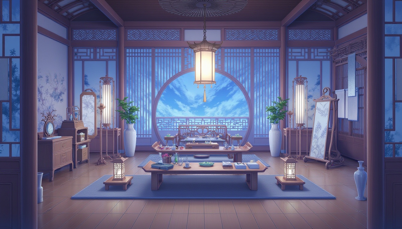 guo_feng_chang_jing,Elegant interior of a traditional Japanese room,bathed in soft blue light,Digital painting,
