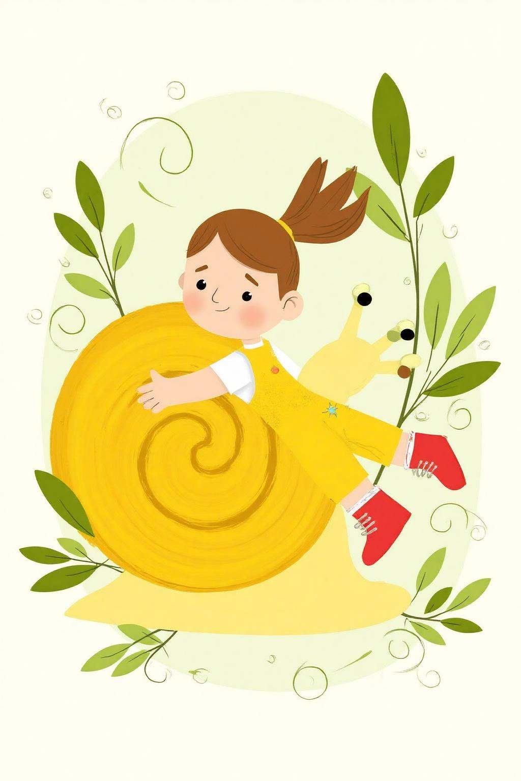 vector art.A child,  her hair style in a ponytail,  in yellow overalls and red boots is hugging a large snail with a yello...