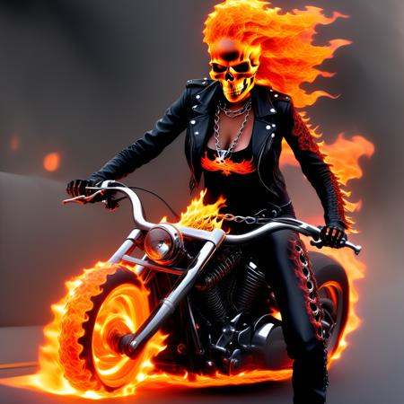 a female ghost rider riding her hell bike down the street,  flames for tires,  hell cycle on Tensor.Art