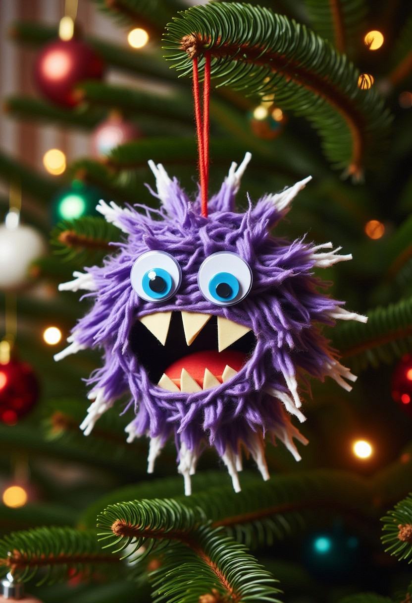 Photograph of a festive,  whimsical,  handmade Christmas decoration in the form of a frightening monster on Tensor.Art
