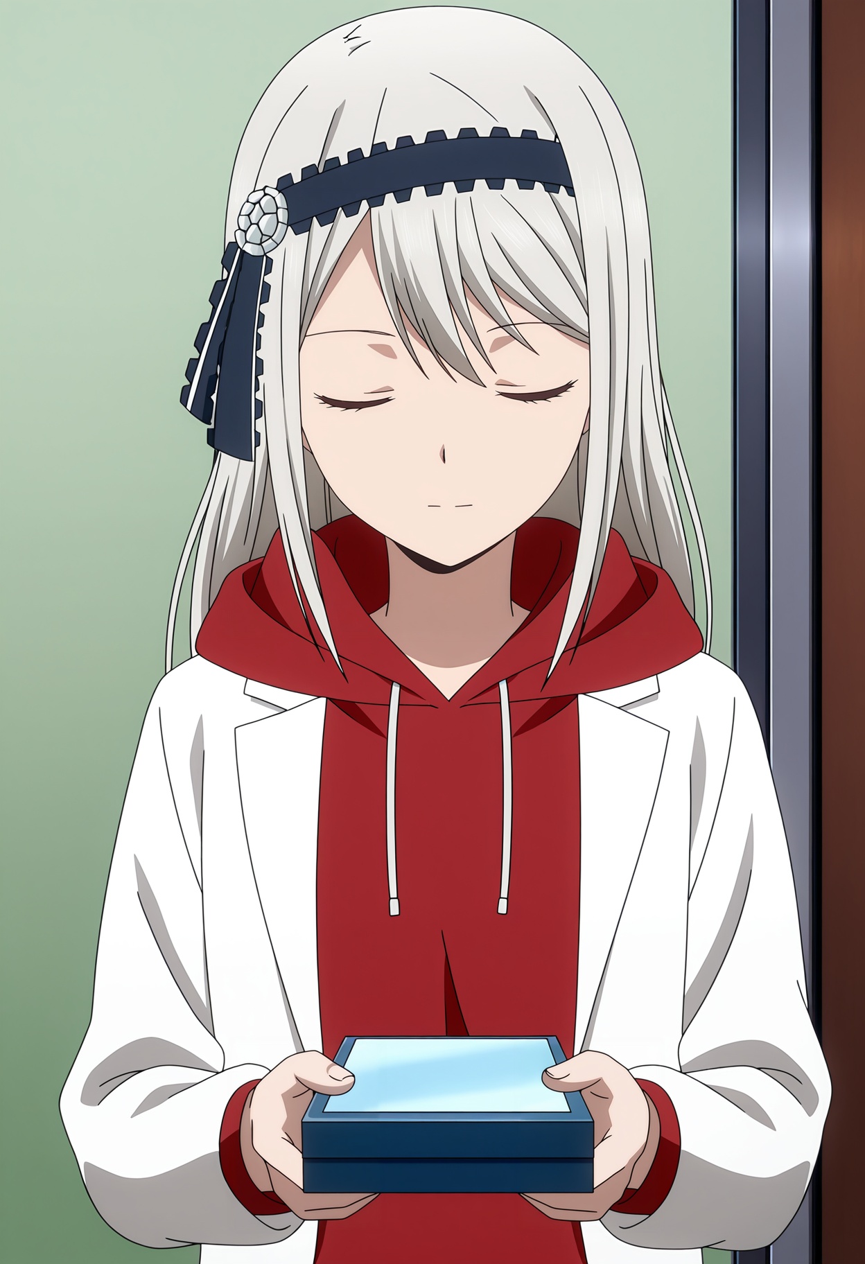 <lora:Shirogane Kei_illustrious-000010:1>,Shirogane Kei, closed eyes, solo, hoodie, hood, hairband, closed mouth, facing viewer, long sleeves, holding, drawstring, upper body, red hoodie, white hoodie, anime screencap