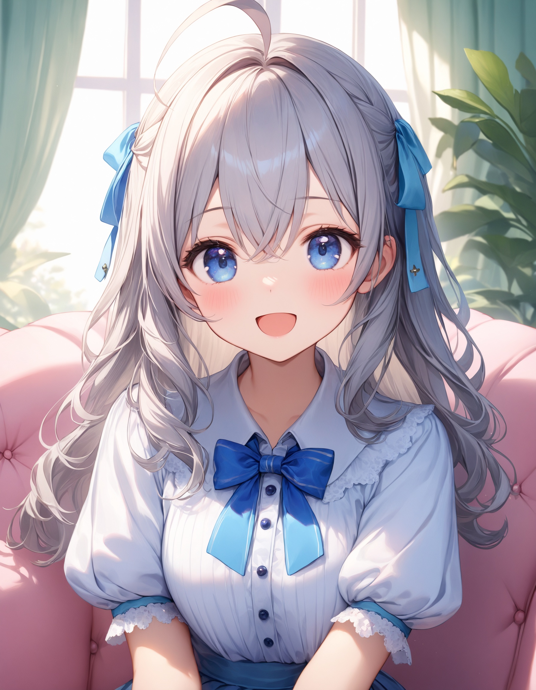 . Upper body shot. Face focus. . A cute girl. Solo. Happy expression. :D. Sitting. Head tilt. Looking at viewer. . Detaile...