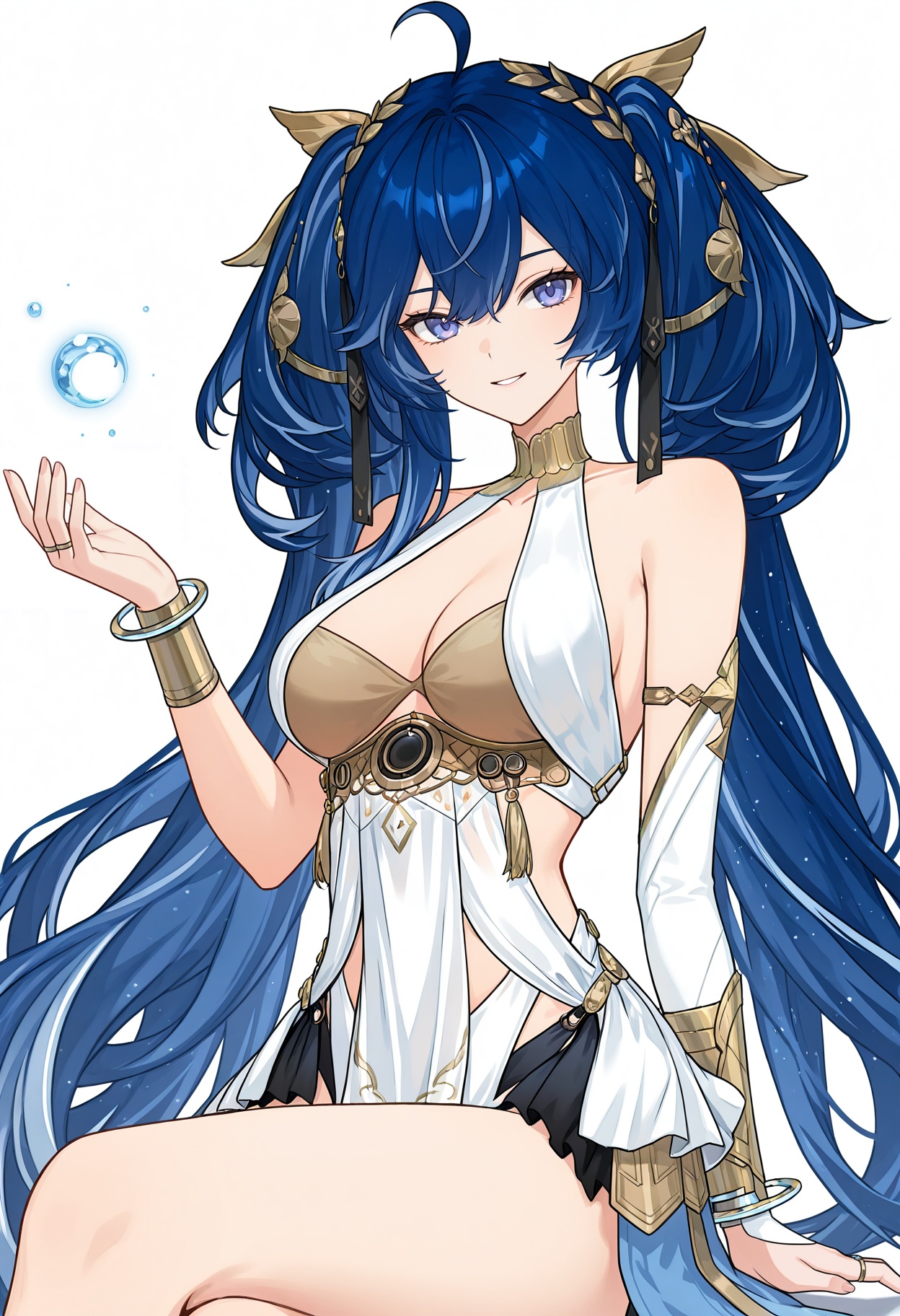 <lora:Younuo (wuthering waves)_Illustrious-000112:1>,Younuo \(wuthering waves\),solo,breasts,long hair,dress,looking at viewer,jewelry,white dress,smile,bare shoulders,bracelet,very long hair,hair ornament,medium breasts,ahoge,multicolored hair,parted lips,detached sleeves,cleavage,white_background,blue hair,belly,cowboy_shot,single sleeve,sitting,crossed_legs,seductive_smile,
