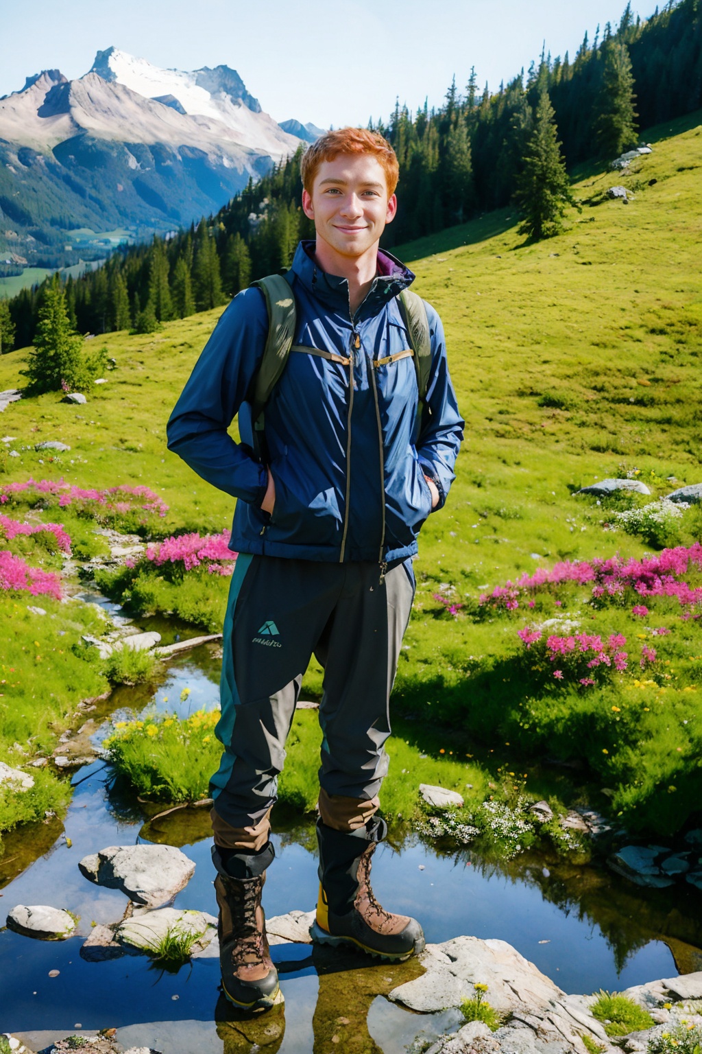 on a mountainside trail,  alpine pasture with flowers,  pond on Tensor.Art
