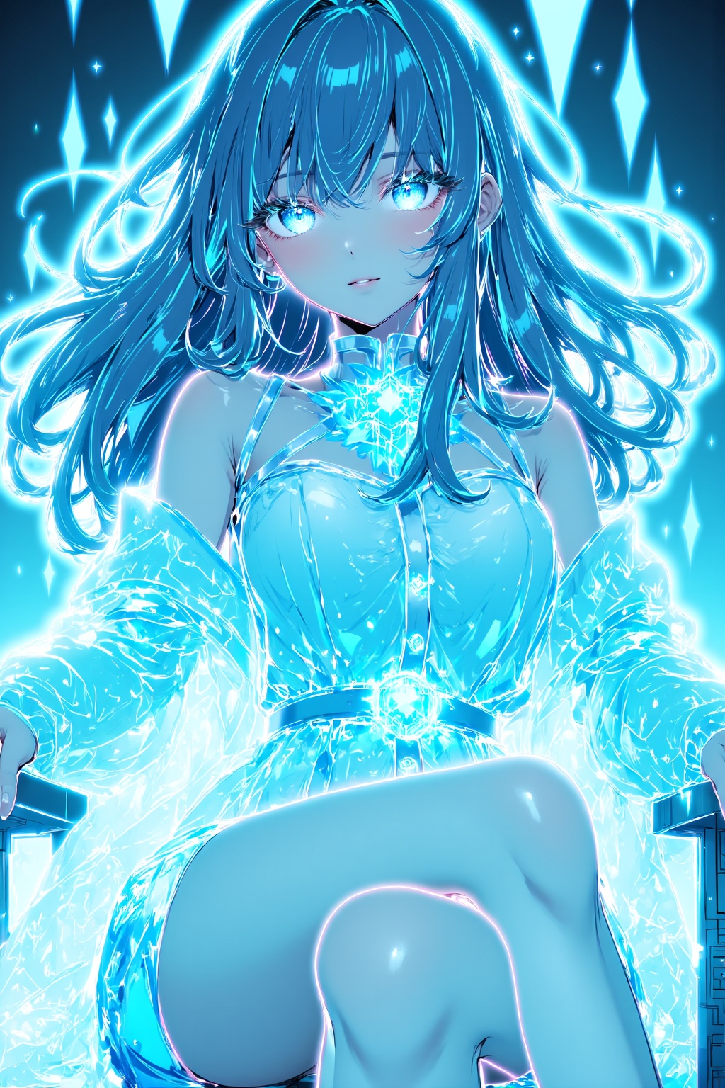 green tone,girl with green hair and green eyes sitting on a chair in front of a blue background. She is wearing a white dress and has a determined expression on her face,as if she is ready to take on any challenge that comes her way. Her long,dark hair is blowing in the wind and her eyes are focused on something in the distance.,
