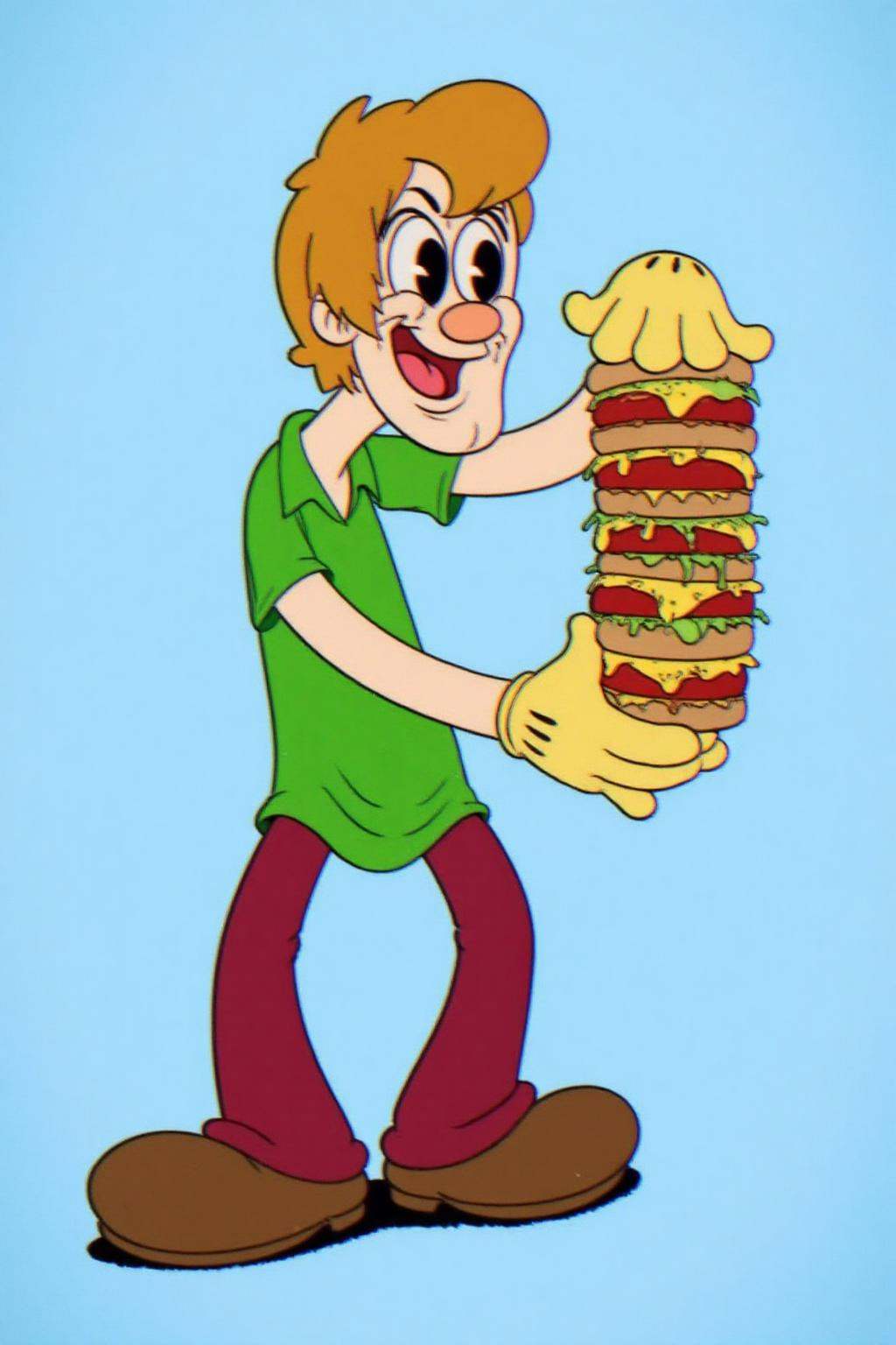 rubber hose animation style.Shaggy from the cartoon series Scooby-Doo,  holding a towering stack of burgers. He has short...