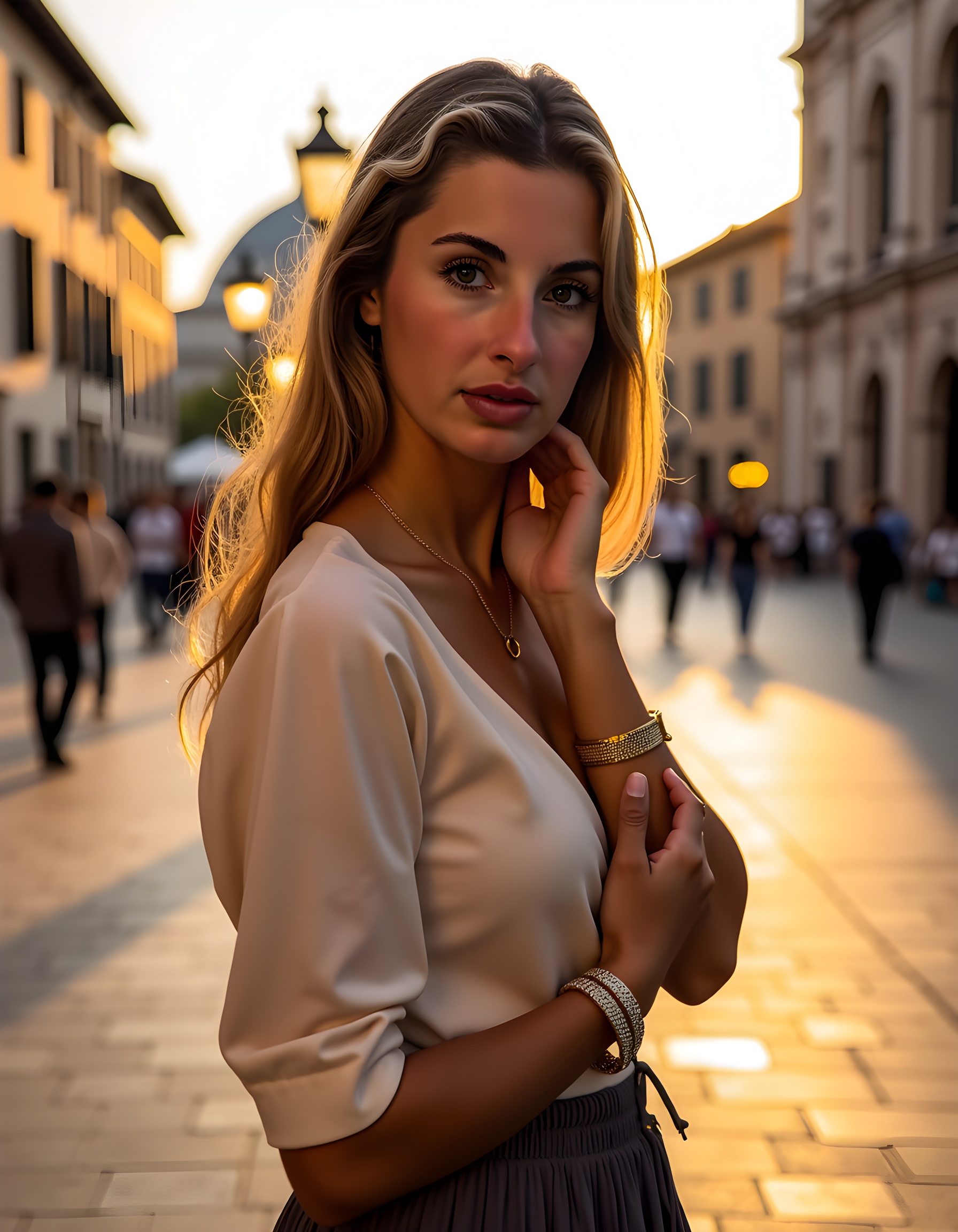 In a vibrant,  sun-dappled Italian piazza bathed in the golden hour of twilight,  Corina stands gracefully alone on Tensor...