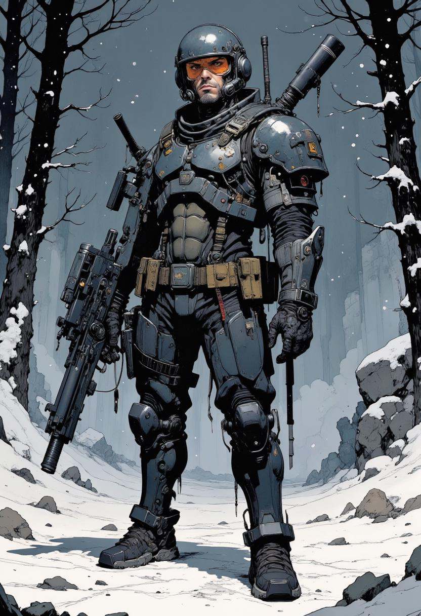 Mangaka style.A heavily armored warrior in futuristic black power armor,  stands confidently,  wielding a massive machine...
