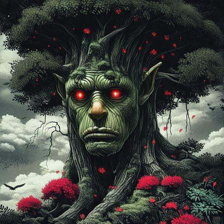 ArsMJStyle,  HyperDetailed Illustration,  The image is a digital illustration of a tree with a face in the center. The tre...