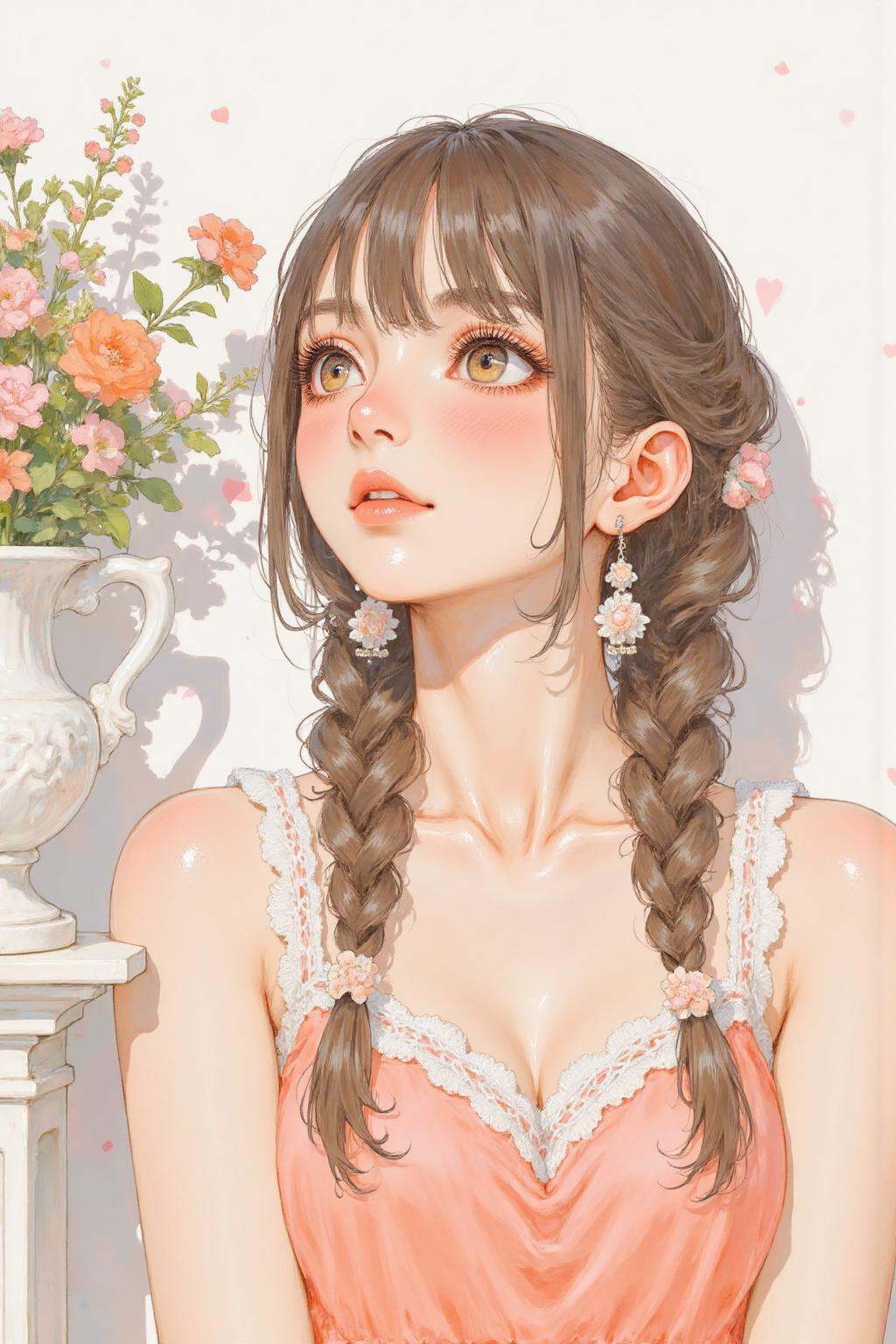 nijiwatercolor2 anime illustration.A young woman with long,  wavy brown hair styled in two braids. She is looking slightly...