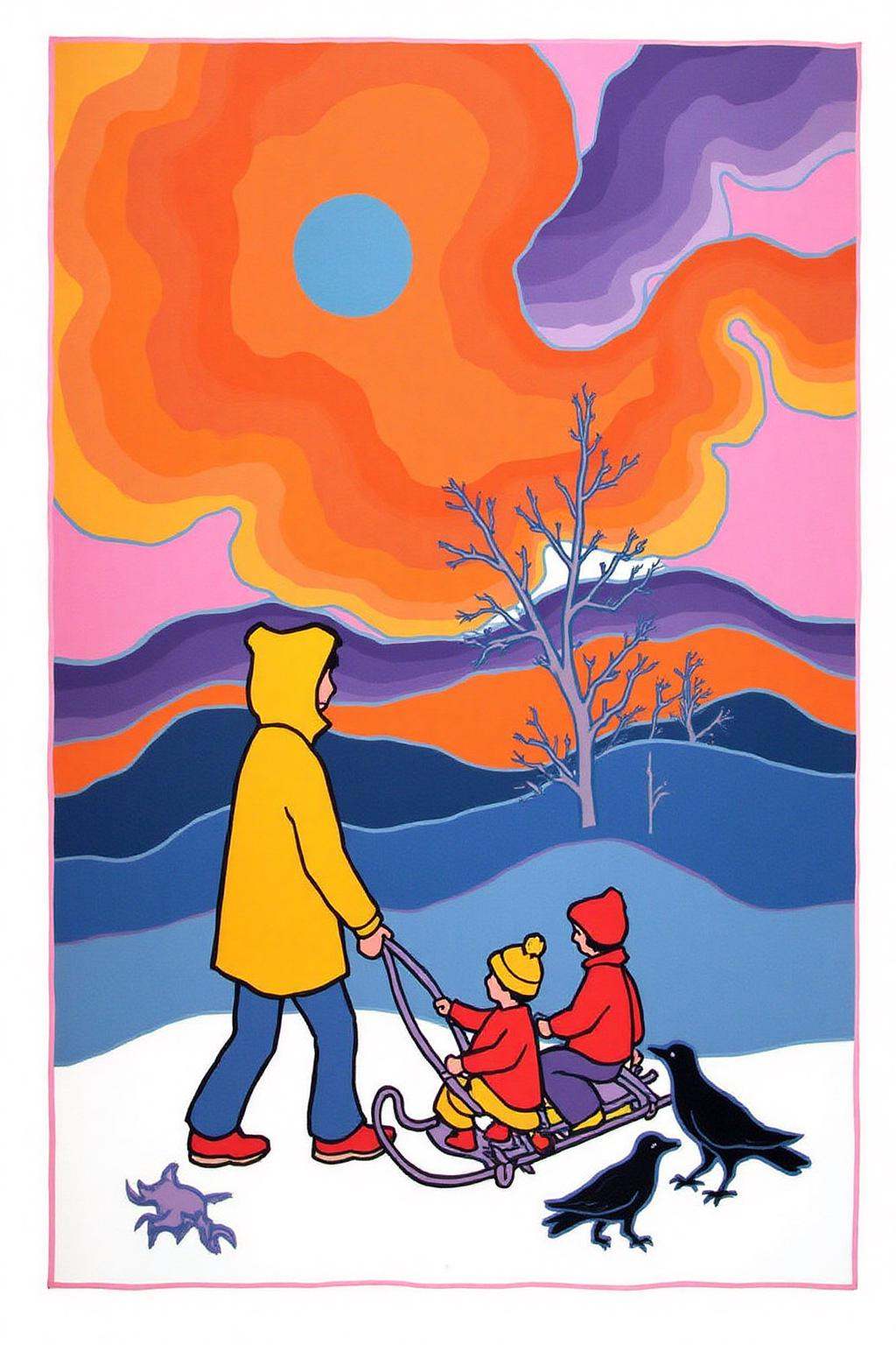 teha1 illustration.a winter scene with a vivid,  abstract background. The sky is dominated by a large,  stylized on Tensor...
