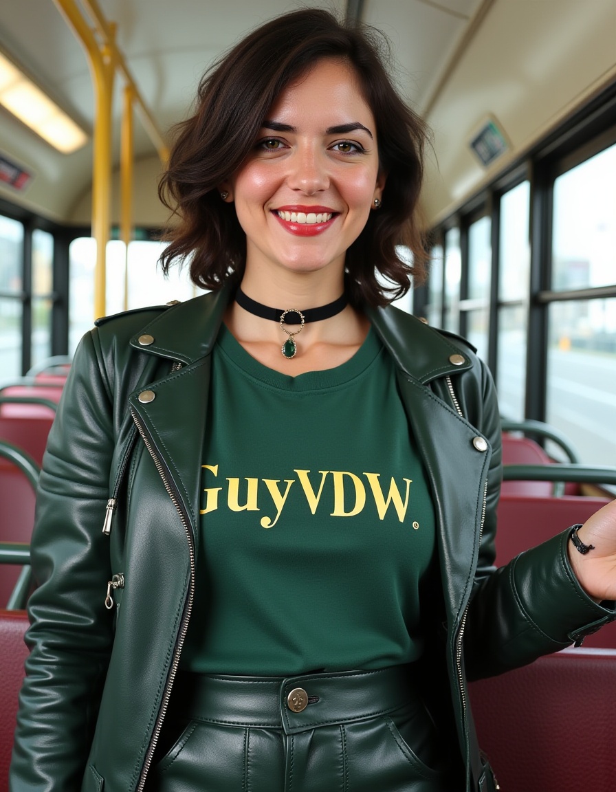 smile lines,  short hair,  a stunning closeup photo of a gorgeous woman standing confidently on an empty bus on Tensor.Art