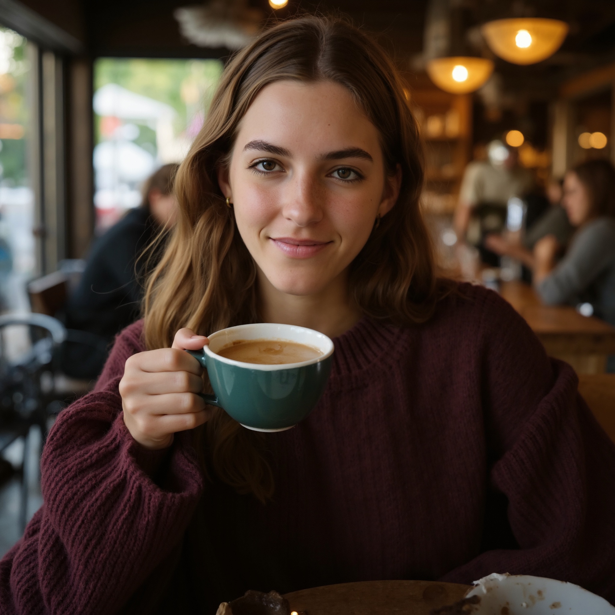 Create a detailed,  close-up portrait of emfeld sitting in a cozy,  dimly lit coffee shop. She is shown from the chest up...