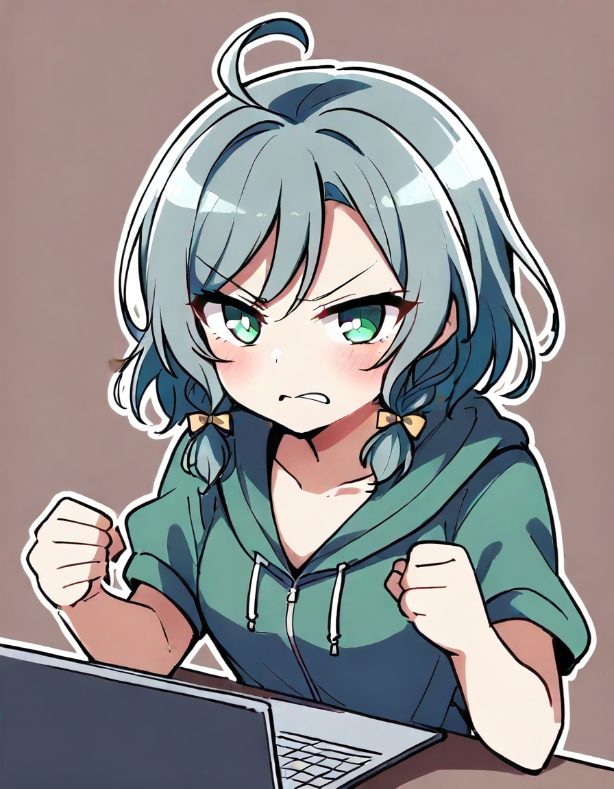 1girl, hikawa hina, bang dream!,zmgwshnmspfd, aqua hair, green eyes, short hair, bow, braid, bangs, hair bow, side braids, twin braids, yellow bow, laptop, angry, hands up, open mouth, solo, grey shirt, upper body, short sleeves, shirt, hood, white background, looking at viewer, hood down, hoodie, collarbone, computer, simple background, v-shaped eyebrows, cropped torso, clenched hands, side ahoge, blush, sidelocks, green hoodie, drawstring<lora:nsnsns:1>​​​