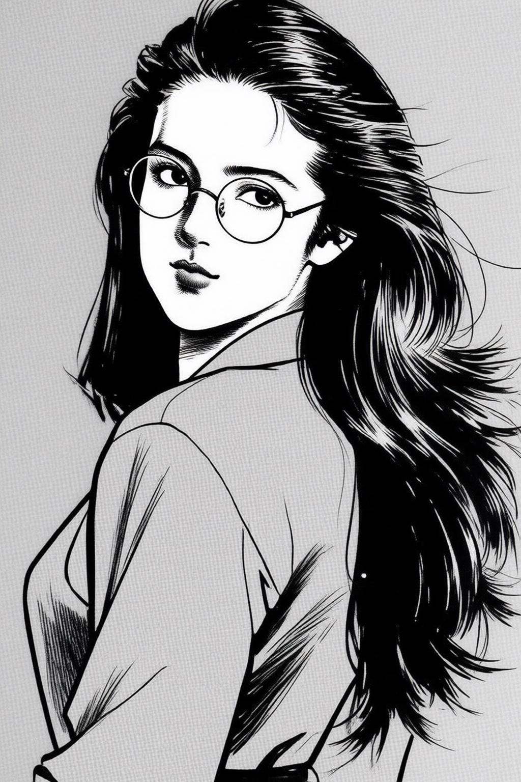 ryoichiikegami2q illustration. Black and white drawing.A woman with long,  flowing black hair that cascades down her back,...