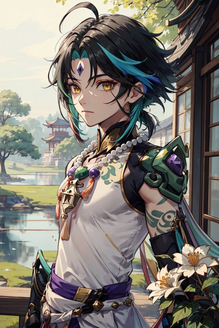 <lora:xiao:0.8>,xiao (genshin impact),1boy,solo,male focus,arm tattoo,tassel,yellow eyes,forehead mark,multicolored hair,black hair,green hair,closed mouth,ahoge,green gloves,bangs,asymmetrical clothes,outdoors,looking at viewer,white flower,tree,upper_body,bead_necklace,diamond purple solid mark,