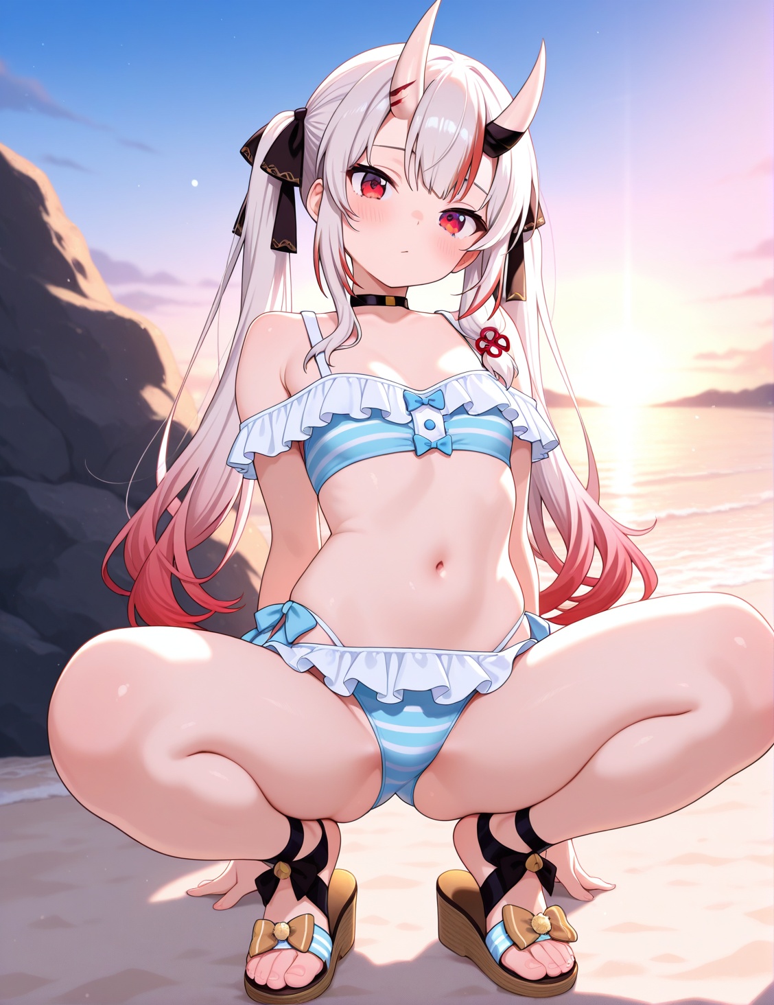 1girl,  beachswimsuit,  frilly bikini top with thin light blue stripes on a white base on Tensor.Art