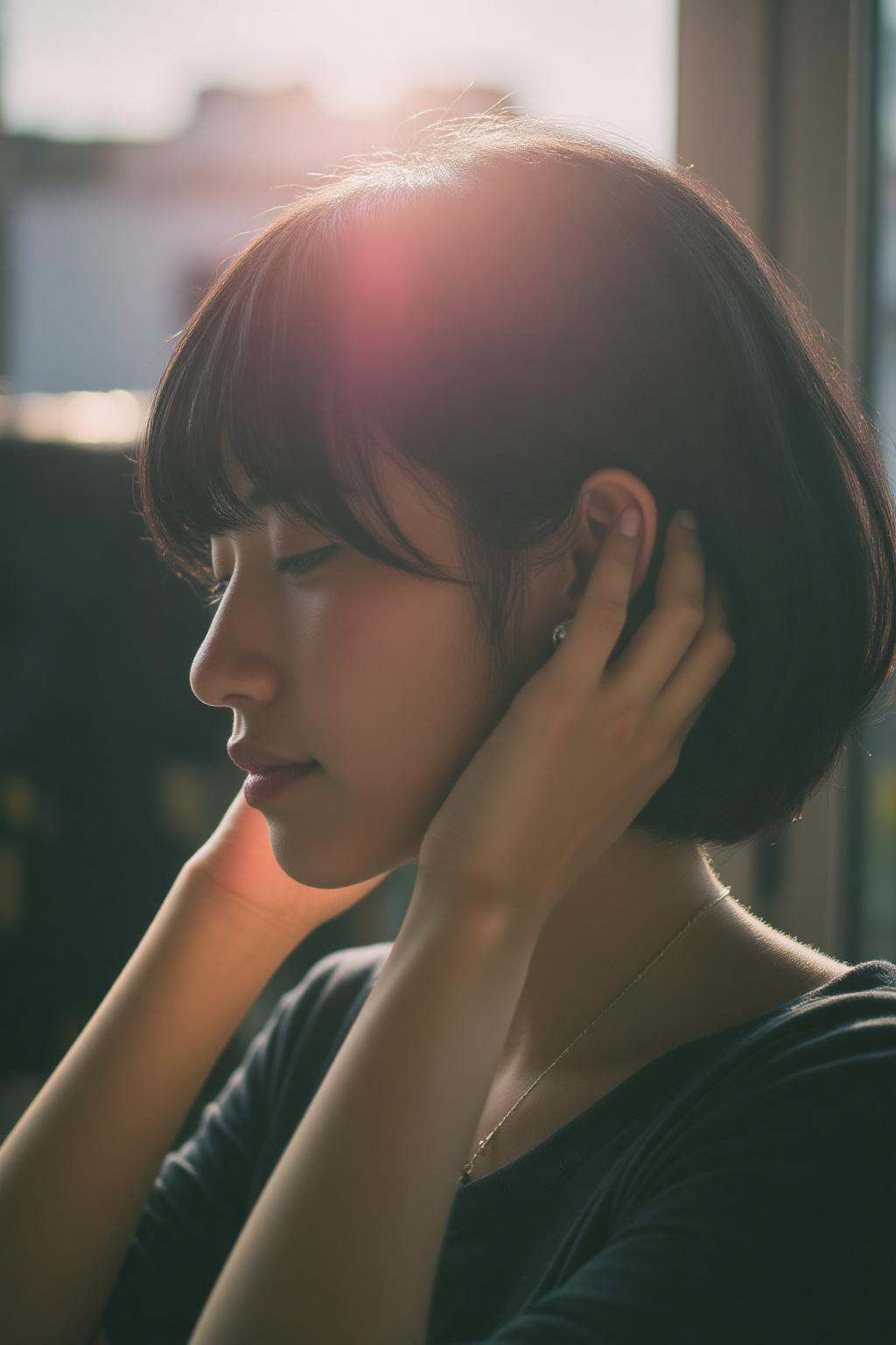 midjourney analog photograph. A young Japanese woman,  shown in side profile,  with short on Tensor.Art