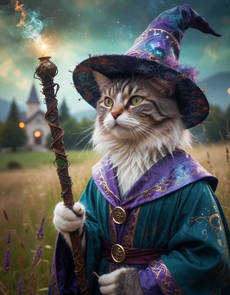 Cat wizard,  mage robes,  staff on Tensor.Art