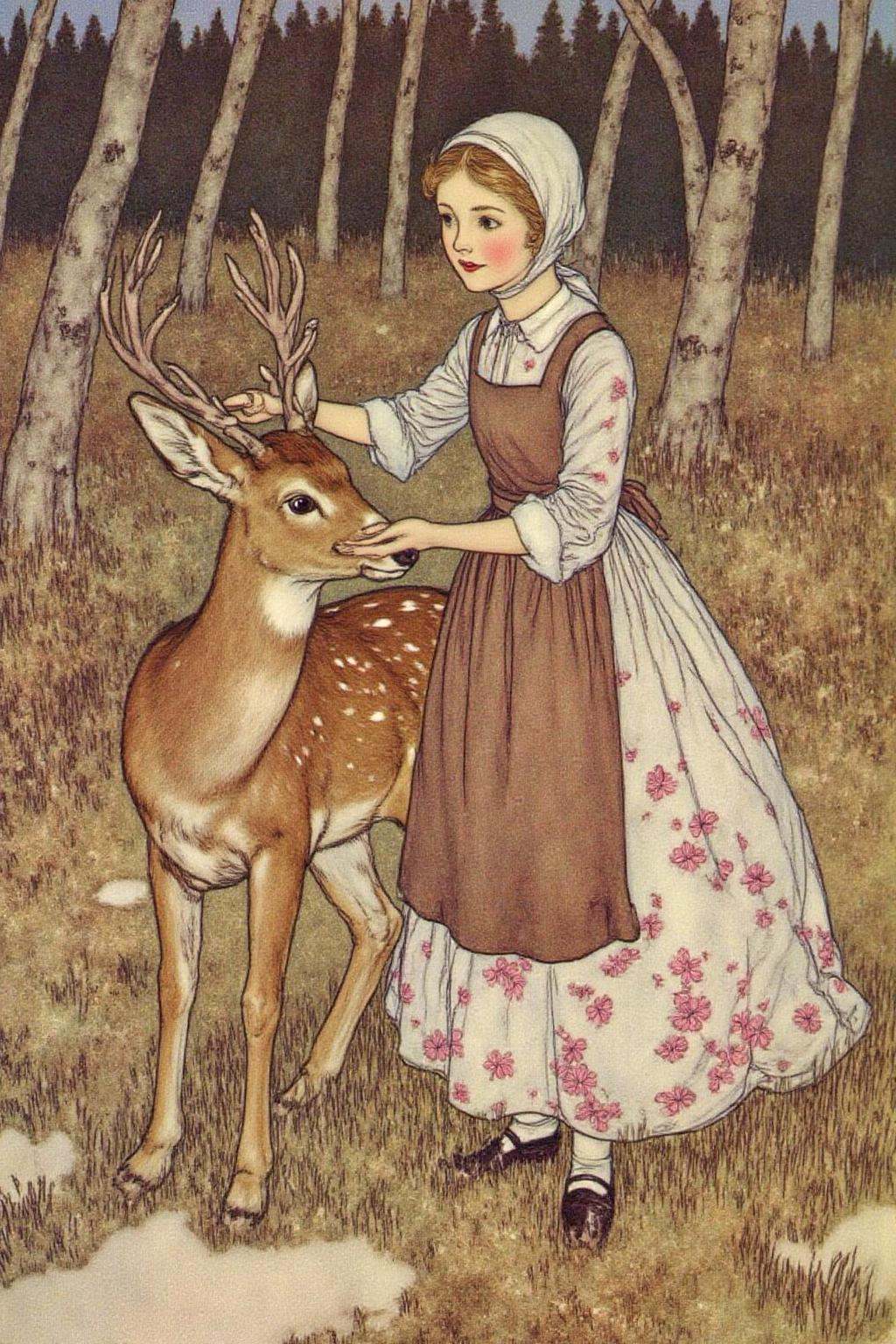 dulac1 illustration. This image is a detailed,  hand-drawn illustration in a style reminiscent of 19th-century watercolor...