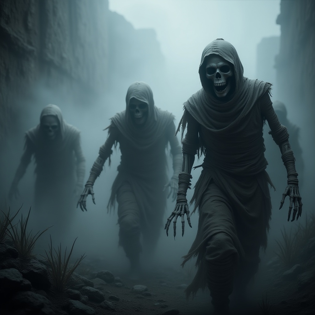 cinematic film still professional 3d model The image shows a **group of skeletal mummies** emerging from a **thick,  swirl...