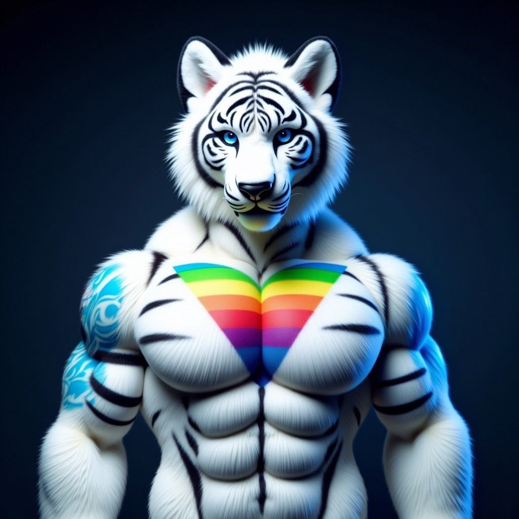 A male Siberian tiger fursuit with white fur and black stripes that run across his muscular body. His broad shoulders and strong arms are covered in ice-blue snow tattoos, while his blue eyes exude a wild and mysterious energy. On his chest, colorful stripes form a discreet LGBT symbol, showing power and inclusion.