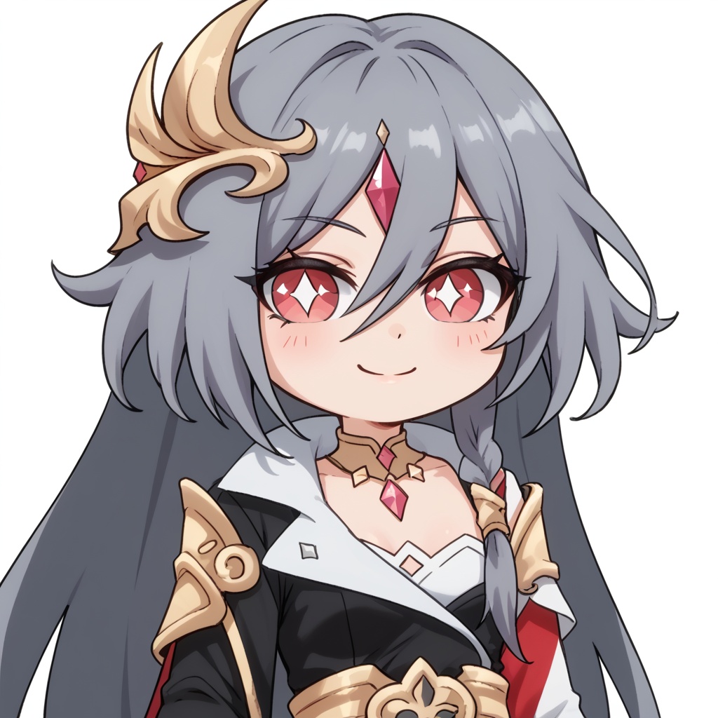 (white background:1.2),looking at viewer,(SOLO:1.4),outline,simple background,upper body, cowboy shot,looking at viewer,(((arms at side))),  senti,fu_hua,long hair,smile, bangs, hair ornament, red eyes,hair between eyes,ponytail, silver hair,white hair,gray hair,multicolored hair,small breasts,streaked hair,yellow pupils,diamond shaped pupils,chibi<lora:reenouxueyuan-sji-pony:0.8>