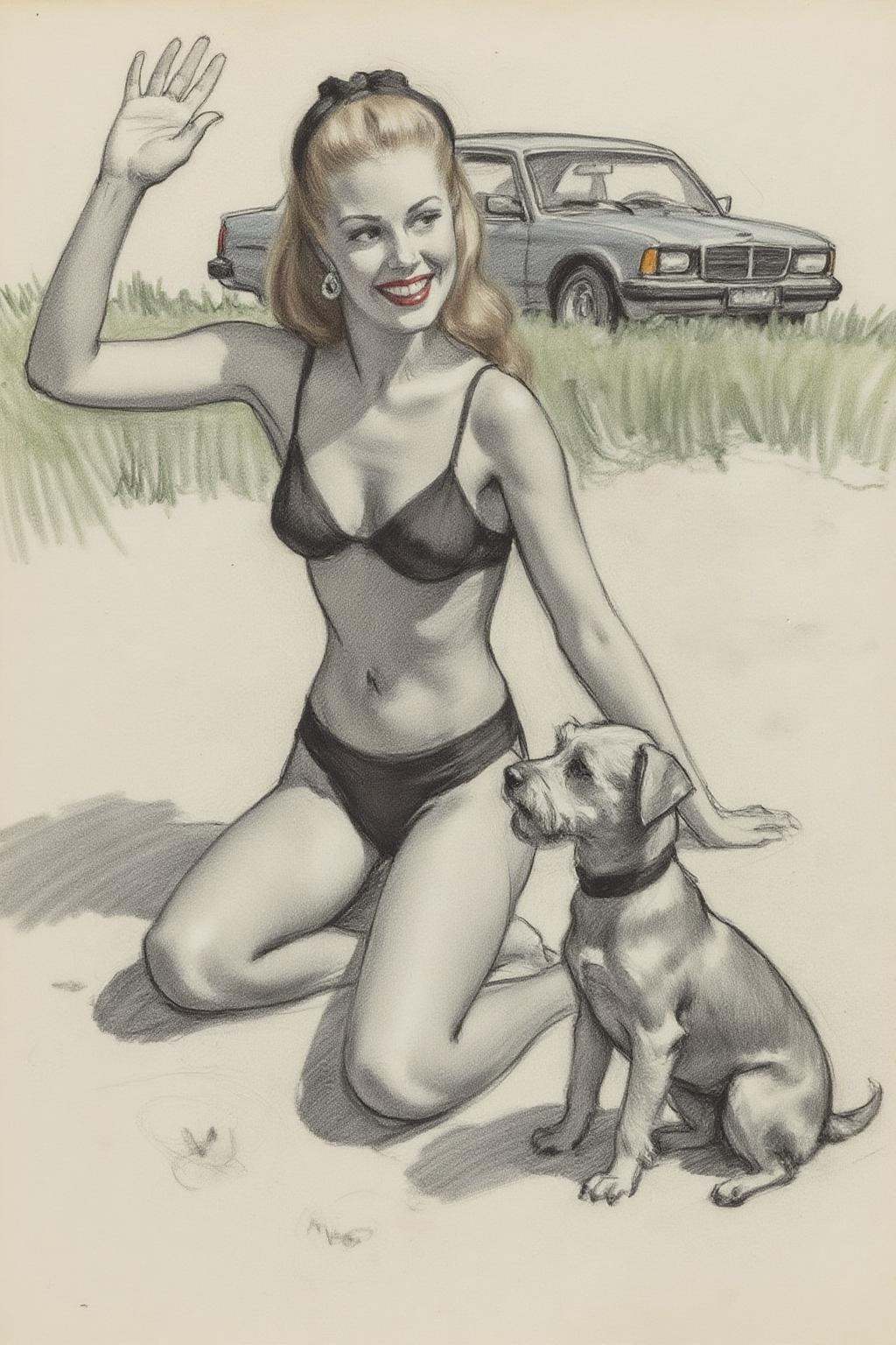 gilelvgren2 charcoal drawing.A woman in a bikini sits on the sand at a beach. She is smiling and waving her hand. Her long...
