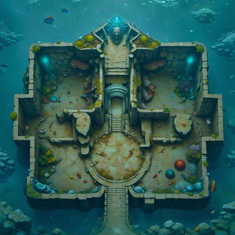 Submerged ruins of a once-great temple,  partially above water. Coral and seaweed cover the stone structures,  and colorfu...