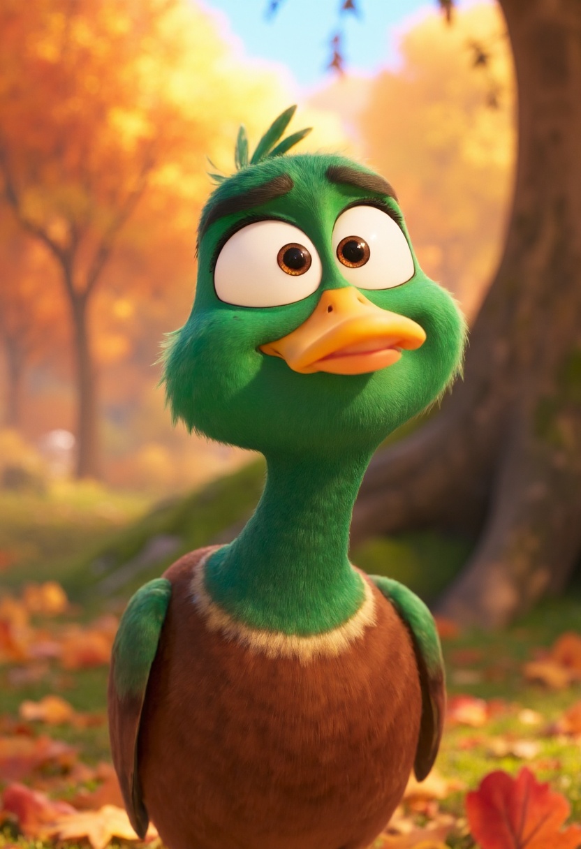 A vibrant CGI depiction of a lively green-feathered bird with an expressive face,  standing amidst a warm,  colorful autum...
