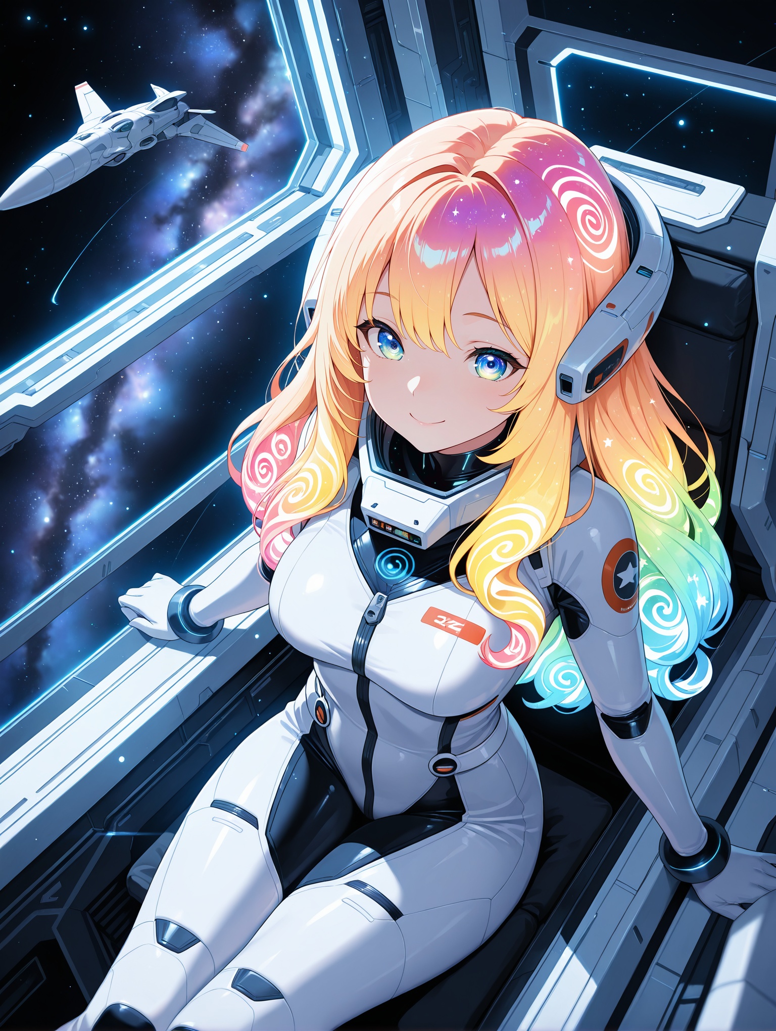 dutch angle, depth of field, female focus, 1girl, science-fiction, from front, from above, sci-fi, sitting in space module, detailed eyes, milky way galaxy, detailed interior, white space rocket, smile, sexy space suit, swirl neon hair, long hair, very detailed, close up, vibrant, light particles, light rays, dust particles, directional light, detailed background, ambient occlusion, (scenery:1.2, volumetric lighting) distant bright light source,masterpiece,best quality,amazing quality,